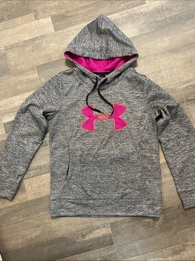 Under Armour Gray Heather Pullover Hoodie with Pink Logo and Lined Hood